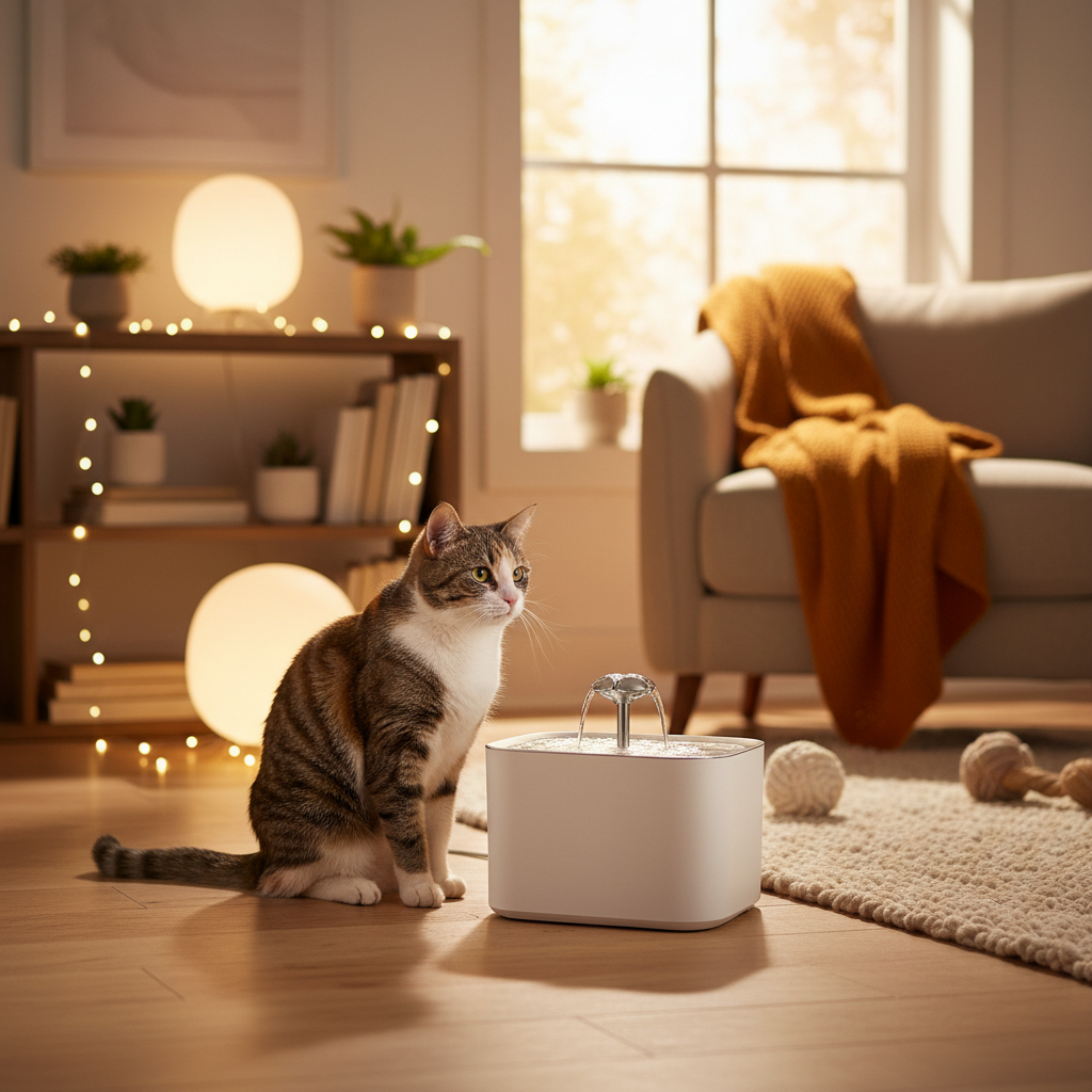 Cat beside wireless fountain