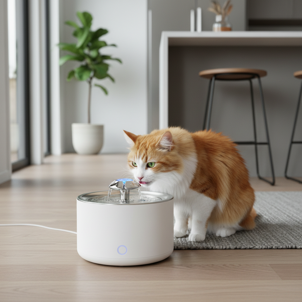 Cat drinking from wireless fountain
