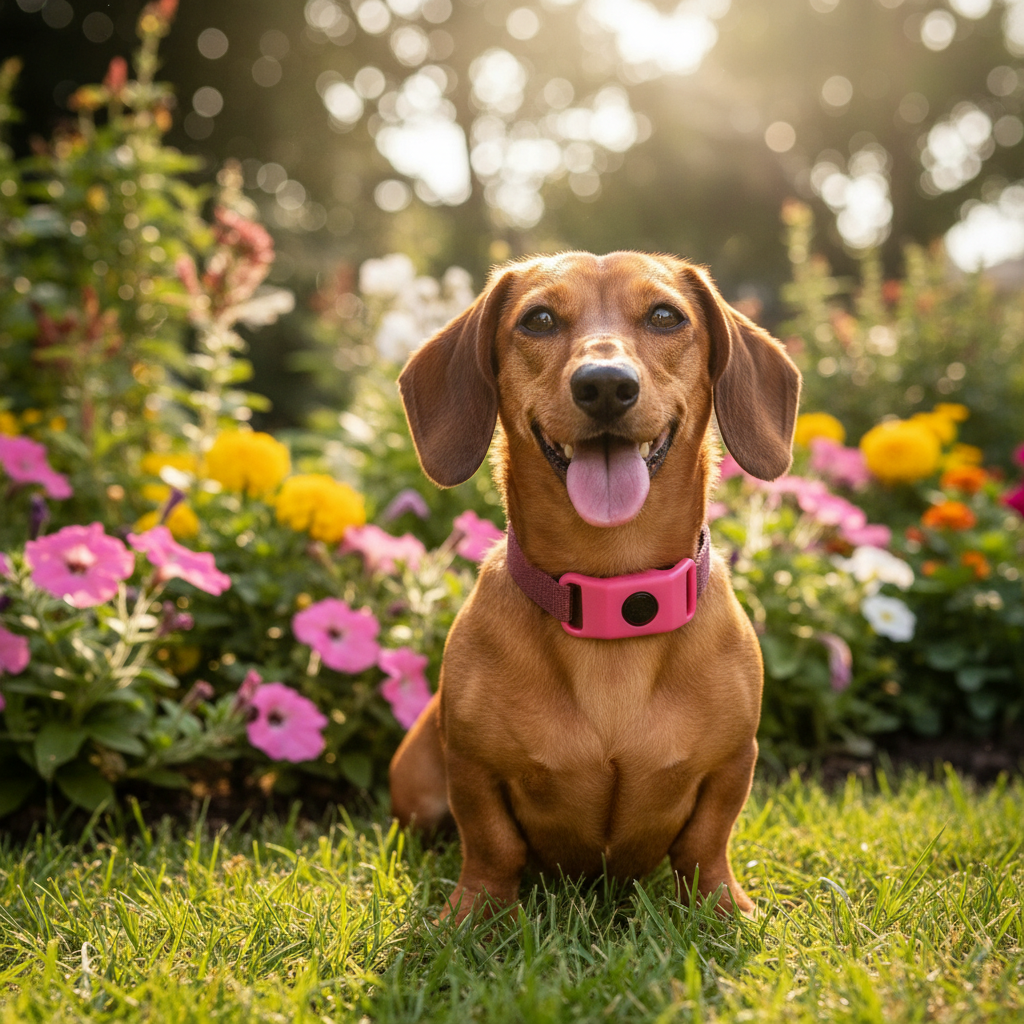 Dachshund with pink FurLife collar in garden