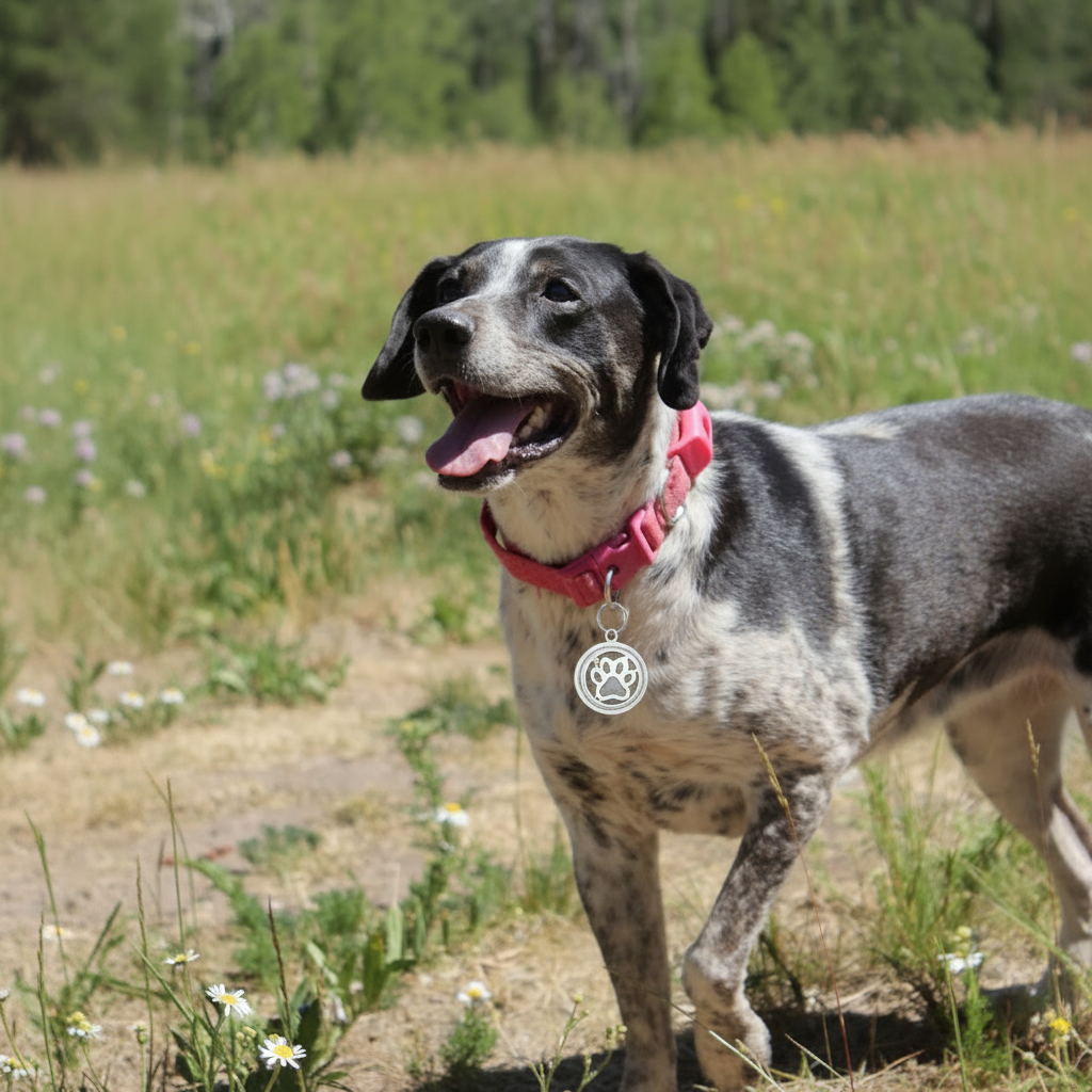 Dog wearing flea and tick essential oil pendant tag on red collar outdoors in sunny meadow
