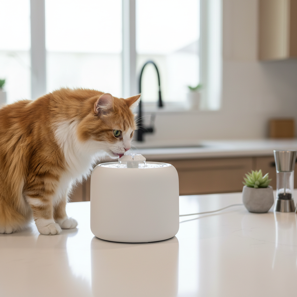 Cat drinking from a wireless cord-free pet water fountain on a kitchen countertop